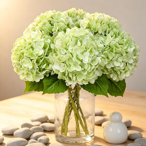 Kisflower 3 flores de hortensias de látex – Real Touch artificial, ramo de hortensias falsas con tallos para bodas, fiestas, oficina, casa, decoración (verde claro)