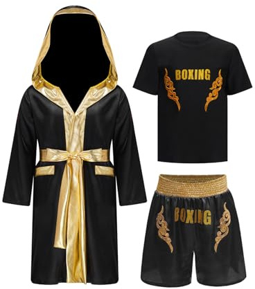 Oyolan Barn pojke boxningsshorts och T-shirt badrock boxningsklänning huvtröja set Muay Thai MMA sparkar boxning, B guld svart, 5-6 ans