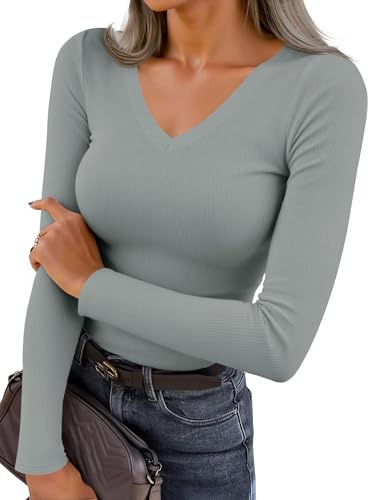 Fisoew Maglietta a Maniche Lunghe da Donna Top Sexy con Scollo a V Maniche Lunghe Magliette a Costine Tinta Unita Top Slim Fit
