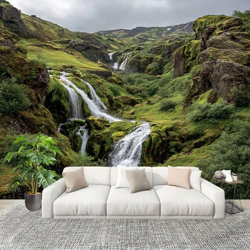 Mural Papel Pintado 3D 250x175cm Plantas De Paisaje De Cascada Fotomurales Tejido No Tejido Antiarrugas Póster Verde Murales Fotográfico Moderno Decoración de Paredes