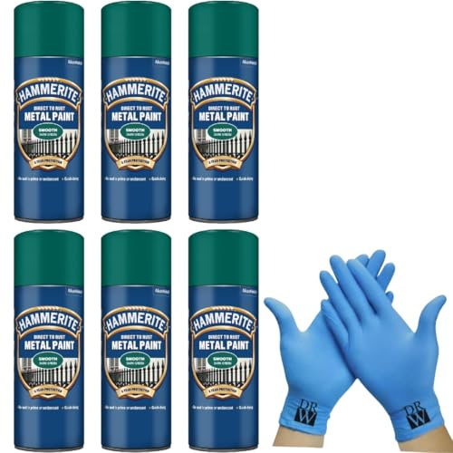 Hammerite Direct to Rust Metal Spray Paint Smooth Dark Green 6X 400ml + Free Nitrile Gloves | Fast-Drying Aerosol, Durable Rust Protection for Indoor & Outdoor Metal