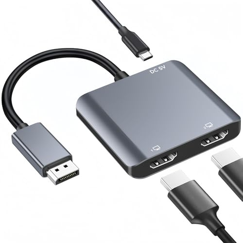 DisplayPort to Dual HDMI Adapter, 4K DP to HDMI Splitter for Dual Monitors Extended Display MST Display Port 1 in 2 Out Adapter for PC, Graphics Card, De-ll, Len-ovo, HP