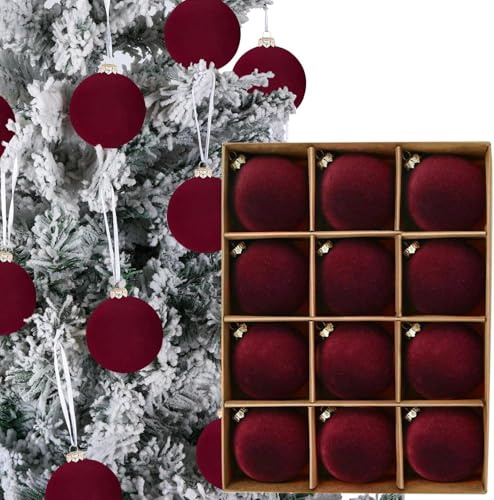 12PCS Christmas Tree Ornaments Velvet Balls, 2.4Inch Velvet Christmas Ornaments Hanging Ball Decoration, Flocked Shatterproof Xmas Bulbs Decorations for Wedding Christmas Party (Burgundy)