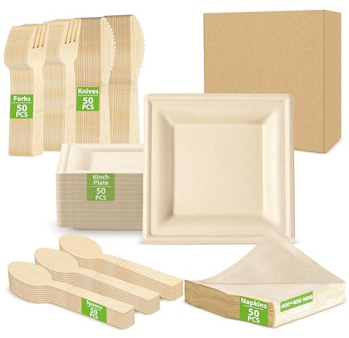 Eco-Friendly MZL Bamboo 250 Pièces Set De Serviettes, Assiettes Et Couverts Jetables, LéGers Et Compostables – 50 Serviettes 40 Cm, 50 Assiettes 6 Pouces CarréEs, Pour FêTes Pique-Niques