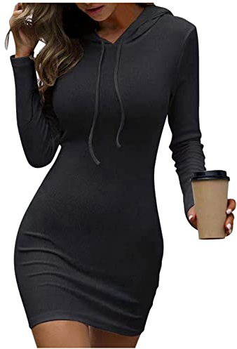 Générique Damklänningar för formell kväll liten klänning med smal snörning med huva fritidskläder casual dam t-shirtklänningar, Svart, XL