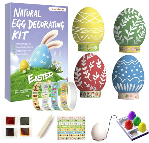 Natural Easter Egg Decorating Kit FD&C & Artificial Dye Free - 4 Liquid Colors Red Yellow Blue Green Non Toxic DIY Craft Set for Family Activities Includes 6 Egg Holders 8 Foldable Egg Stands 1 Egg Dipper