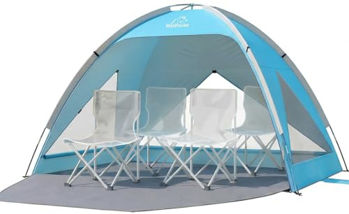 Wolfwise Large Beach Tent Sun Shelter for 3-4 Person, Spacious Sun Shade UPF 50+ UV Protection, Extendable Floor for Privacy, 3 Ventilated Mesh Windows, Portable with Carrying Bag, 95 ″x65″x55″, Blue