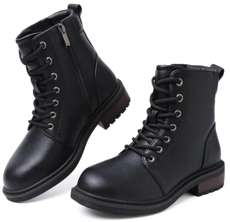 Hanani Womens Ankle Boots Side Zipper Casual Combat Boots Water Resistant Ladies Platform Walking Boots Lace Up Low Block Heel Round Toe Short Boots for Autumn Winter