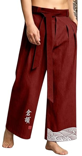 cdbsdvico Pantalon Japonais Homme Baggy Pantalon Taro pour Hommes en Lin Vêtements Asiatiques Kimonos Traditionnels Japonais avec Cordon de Serrage Pantacourt DéContracté Ample Style Japonai