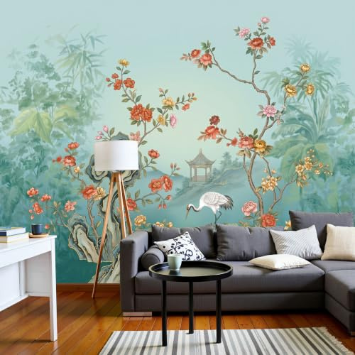 Carta da parati panoramica Pittura cinese fiori e uccelli, 200x140cm Gru dalla corona rossa, fiori, foresta bambù - Carta da parati di murali Poster per soggiorno, camera da letto, studio - Blu-verde