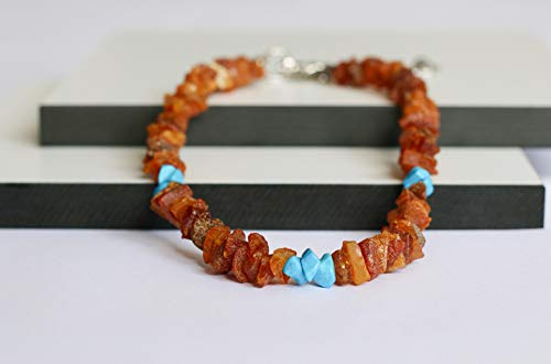 amber-us Bernsteinkette für Hunde aus Roh Baltischer Bernstein mit türkis verziert | Zeckenhalsband | Bernstein Gegen Zecken | Zecken und Flohschutz Halsband (65-70 cm)