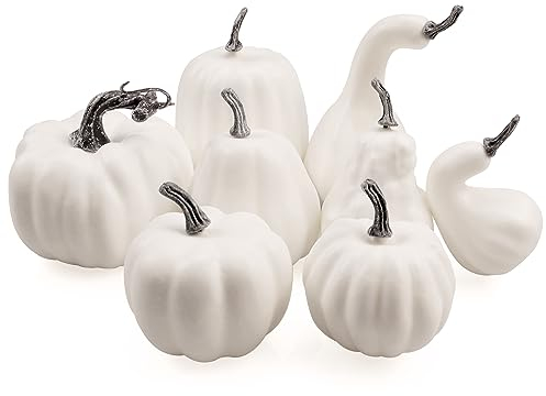 Lorigun 8 Stück Verschiedene Größen Künstliche weiße Kürbisse Bulk Faux Harvest Rustikale Kürbisse Herbst Herbst Thanksgiving Halloween Weihnachtsdekoration Gefälschte Kürbisse Herzstück