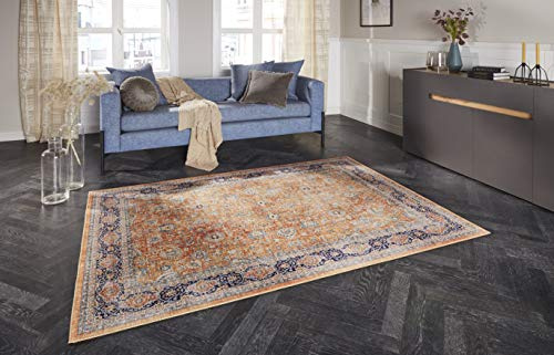 ELLE Decoration Keshan Maschad Orientalischer Teppich - Kurzflor Vintage-Look Orientalisch Orient Klassischer Orientteppich für Wohnzimmer Esszimmer Flur oder Schlafzimmer Gold Gelb, 160x230cm
