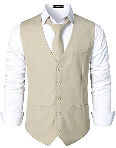 PARKLEES Gilet da uomo Hipster Urban Design Business, gilet formale Slim Fit, abbigliamento da cerimonia, gilet da smoking, gilet da abito, beige., L