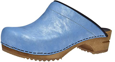 Sanita Laerke | Offener Clog | Original handgemacht | Leder-Holzclogs für Damen | Türkis | 40 EU