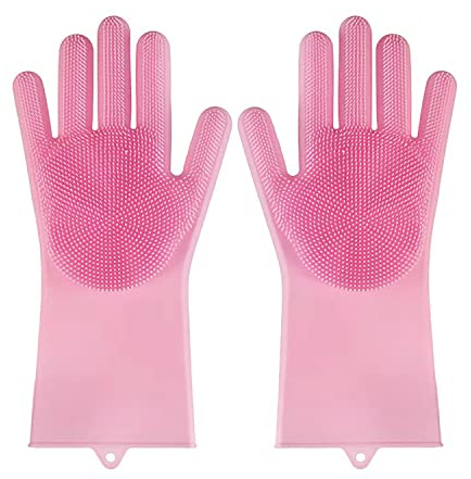 HUAYINGMEI Silikon-Scheuerhandschuhe, Reinigungsschwamm-Handschuhe mit Schrubber zum Geschirrspülen, Badezimmer, Küche, Autoreinigung und Haustierpflege (Rosa)