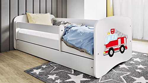 Kids Collective Kinderbett 80x160 cm mit Rausfallschutz, Lattenrost & Schublade in weiß 80x160 Jungen Bett Feuerwehr | von 3. bis 10. Lebensjahr