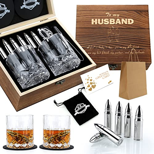 EXREIZST Whisky Gläser Set mit Edelstahl-Steinen, Holzbox | Edelstahl-Steine kühlen ohne Verdünnung. Geschenk für Männer, Papa oder Ehemann. Inkl. 2 Gläser & Zange.