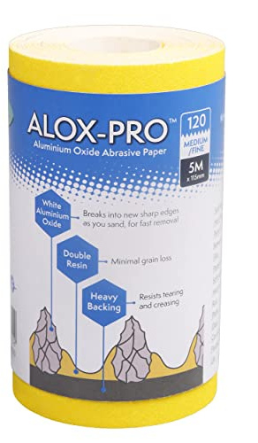 Axus Decor Alox-Pro Abrasive Paper (Blue Series) Yellow Aluminum Oxide Sandpaper Roll, Ideal for Wood, Paint, Metal and More, Ideal For Professional Painter's & DIY enthusiasts, 5m x 115mm, 120 grit