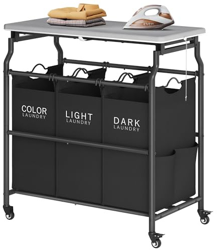 Hoctieon 3 Section Laundry Sorter Cart with Ironing Board, Laundry Hamper Basket with Shelf and Wheels, Heavy Duty Clothes Organizer, Large Clothes Separator with Removable Bags, Black