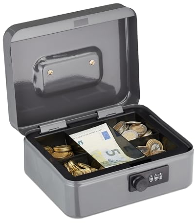 Relaxdays Caja Fuerte con Combinación de 3 Dígitos, Bandeja para Monedas, de Hierro, 8,5 x 20 x 17 cm, Gris