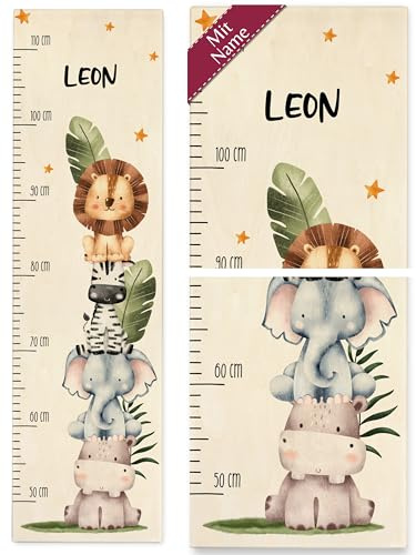 Messlatte Kind Holz - Tiere - Babymesslatte Zootiere I Nilpferd I Elefant I Zebra I Löwe Geschenk Kindermesslatte Jungen Mädchen - 50-110 cm - Holz - meterstab baby jungle