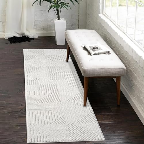 payé Teppich Läufer - 80x150cm Creme Bodenbelag Hochtief Struktur Flachflor - Geometrische Muster Boho Design Wohnteppich