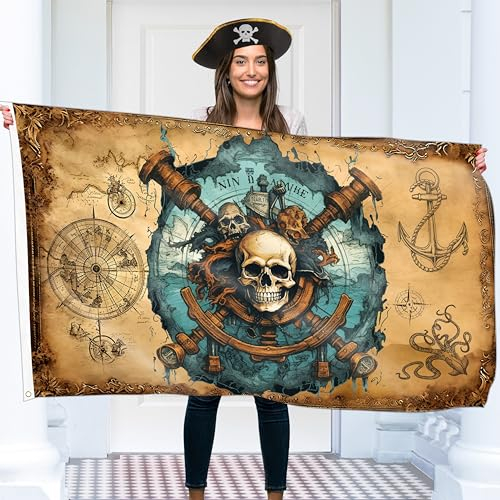 Piratenflagge 90x150 cm mit Ösen – Groß Piratenflagge Kinder – Lebendiger Digitaldruck – Piraten Fahne - Jolly Roger Flagge – Doppelnaht