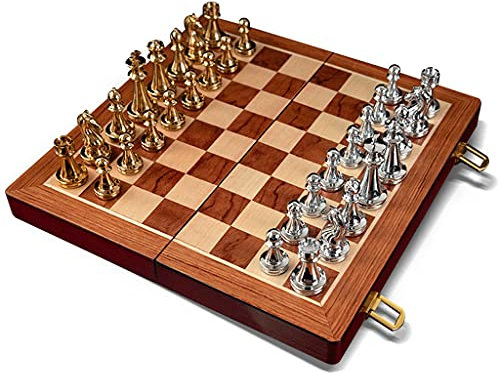 Schachspiel Schachset Faltbares Schachspiel aus Metall Schachspiel mit Aufbewahrung für Retro-Schachfiguren aus verkupfertem Metall Holzbrettspiel Internationales Schach Schach Schach (Farbe: Schachs