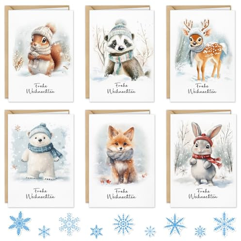 12 Weihnachtskarten mit Umschlag Set, Lustige Weihnachtskarten Klappkarten mit Schneeflocken Aufkleber Weihnachten, Weihnachtskarte kinder Frohe Weihnachten Karte, Grußkarte Weihnachten Geschenke