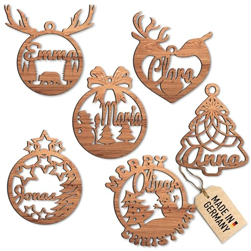 Urhome Personalisierte Ornamente mit Gravur - 22 Verschiedene Weihnachtskugel Motive aus Dunkel Braun Holz Christbaumschmuck Anhänger für Weihnachtsbaum Freunde Familie