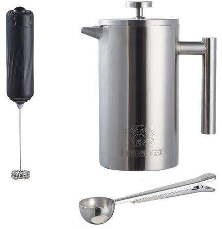 Brewbreeze French Press Set I Kaffeebereiter, Thermo, Kaffeepresse, für Filterkaffee, 1 Liter, Milchaufschäumer, doppelwandig, isoliert, Edelstahl (Silber)