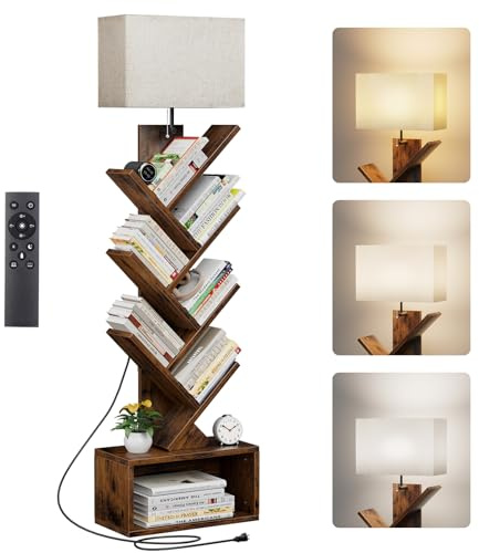 Evermagin Estantería de árbol de 6 niveles con luz inteligente, torre pequeña con control remoto, organizador de libros de pie alto para sala de estar, dormitorio y oficina en casa, marrón rústico