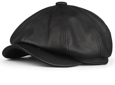 WENH Retro Achteckige Echtes Leder Hut Herbst männer Rindsleder Baskenmütze Student Zunge Kappe Snapback Caps for Männer(Black,XL)