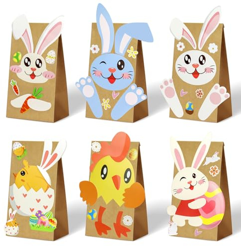 Suofuolef 12 DIY Geschenktüten zu Ostern, Kreative Handgemachte DIY-Papiertüten, Kraftpapiersack mit Osterhase und Ostereier Aufklebern zum Verpacken von Oster Geschenken