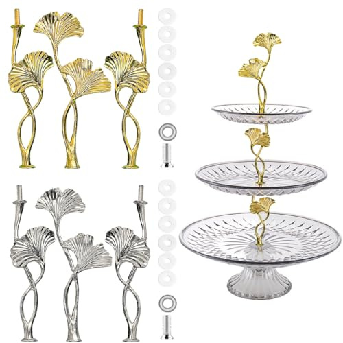 BetterJonny 2 Set Etageren Stangen, Etagere Bausatz Metallstangen Etagerenhalter Mittellochausstech 2 bis 3 Etage für Hochzeitstorte Tortenhalter Torten Etagere Tortenständer Gold Silber Ginkgo Blatt