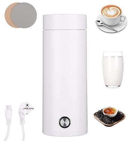 Nuxory Pequeño hervidor de agua portátil, 450ML Hervidor de Viaje, 3 en 1 Mini Taza de Agua Eléctrica, 2 Untersetzer gratis, Materiales Inoxidables, Apagado Automático, para Hacer Leche, Café y Té