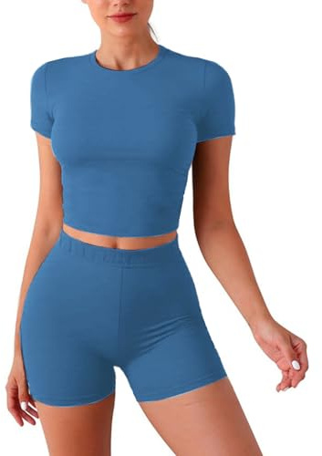 Rayson Chándales para Mujer 2 Piezas Verano Conjunto Deportivo Ocio Slim Fit Top de Manga Corta y Pantalones Cortos(Azul,M)