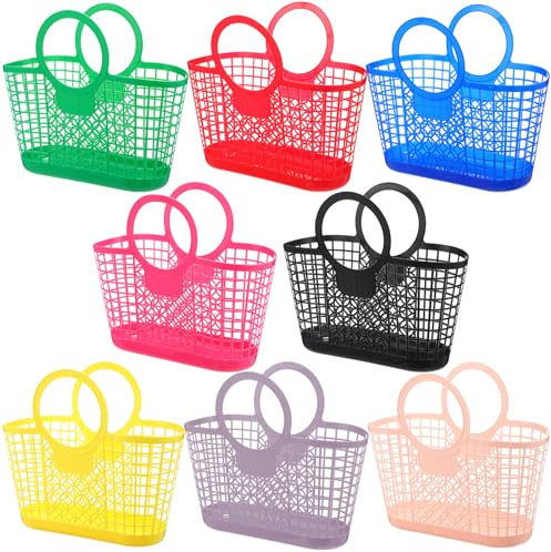 Reallnaive 8 Pcs Small Jelly Purse Bags 9.1 x 8.7 Inch Jelly Basket Women Reusable Beach Handbags Plastic Colored Beach Tote Gift Basket for Summer Hawaii Easter Party Favor, 8 Colors