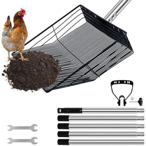 Gatphy Kycklingspade metall 38 x 25 cm hönshus tillbehör siktskyffel med 4-i-1 handtag skalbar 90–190 cm Pooper Scooper för rengöring av hönshus getstjälkar