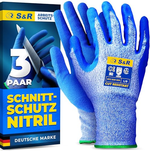 S&R Arbeitshandschuhe Herren Gr 9/L 3er SET Schnittschutz – Damen Schnittfeste Handschuhe Nitril-Beschichtung rutschfest | Schutzhandschuhe Montage Lagerarbeit KFZ Mechaniker