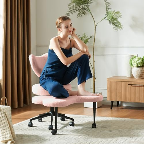 Pinmoco Ergonomischer Stuhl mit Kreuzbeinen, 360° drehbarer Meditationsstuhl mit Rollen, höhenverstellbarer Sitz für ADHS, starke Lendenwirbelstütze, schicke Heimbüro-Möbel, Teddy-Stoff, Rosa