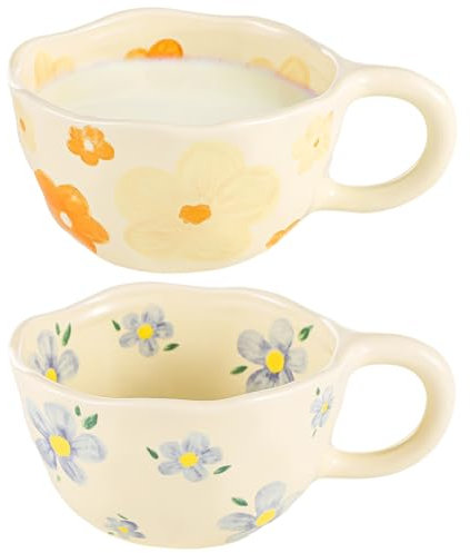 yeeplant - 2 tazas de té de cerámica con flores, bonitas tazas de café de porcelana con asas, tazas estéticas de 250 ml para oficina y hogar