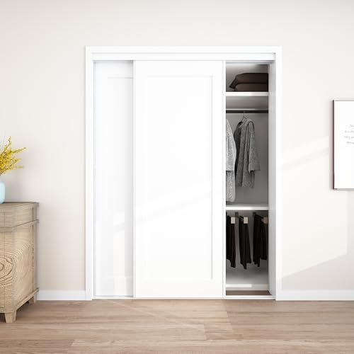 JUBEST Sliding Closet Door 60(Double 31) x80, 1-Panel Steel Frame Bypass Primed Door with Top & Bottom Track Kits, Preassembled Hardboard Panels with Paintable Surface, Durable & Sturdy