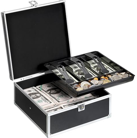 GUSHBIN Lockable Cash Box Money Storage Box with Lock and Handle Portable Money Cash Saving Organizer Aluminium Alloy Large Currency Holder with Removable Cash Tray, Black