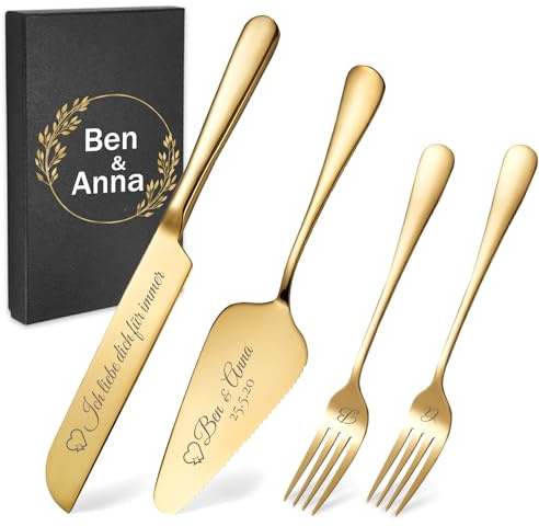 AAQ Tortenheber Hochzeit Personalisiert, Edelstahl Tortenheber Set mit Tortenmesser, Personalisierte Gravur Kuchenheber, Interessantes Geschenk für Brautpaar Freunde Partys Hochzeiten (Gold)