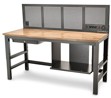 STAHLWILLE WB 630 | Höhenverstellbare Werkbank, Breite 200 cm mit FSC-Holzplatte, Stromanschlüssen, Schublade und gelochter Rückwand | Anthrazitgrau