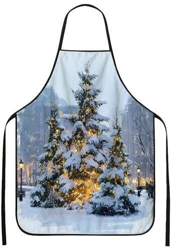 Delantal de Navidad de invierno, delantal de cocina con árboles nevados para cocinar en vacaciones, trabajo culinario festivo y horneado, Blanco, 24x31 Inch