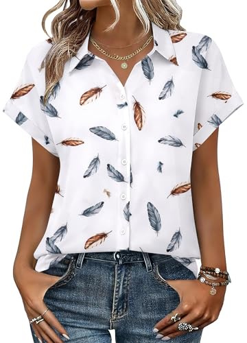 Zeagoo Spring Tops for Women Short Sleeve Shirts Stylish Print Button Up Blouses Vneck Elegant Dressy Casual Outfits