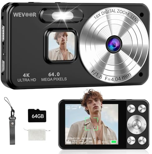 Cámara de Fotos 4K 64MP, Wevoor Camara Digital 64GB con 2.8 Pantalla, Zoom Digital 18x, 2000mAh Digital Compact Cameras, Camara Fotos Portátil para Principiantes Niños Adolescentes - Negro